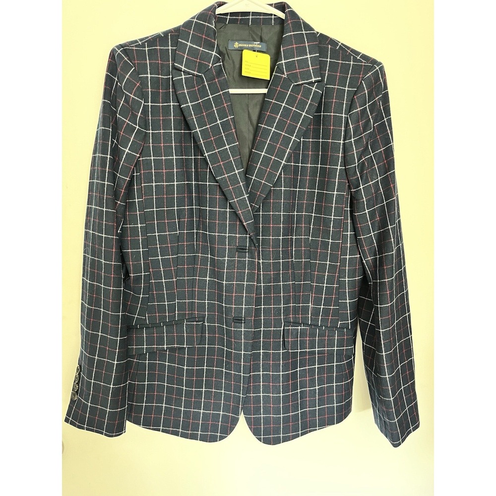 VTG BROOKS BROTHERS Womens Fully Lined 100% WOOL NAVY PLAID Preppy BLAZER Sz 12